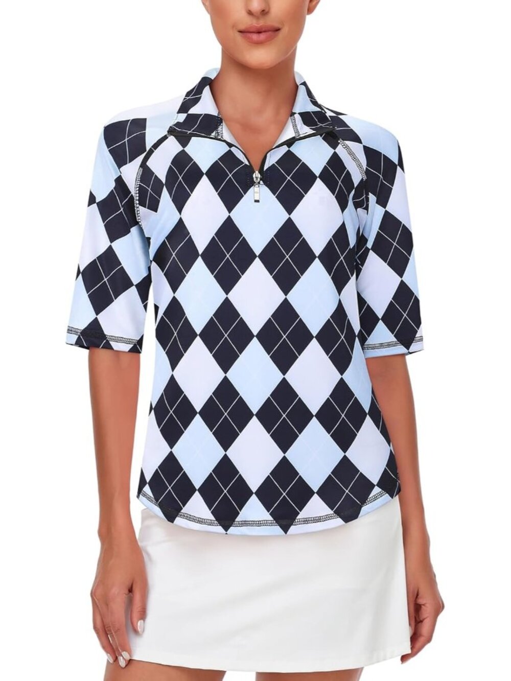 Women Black Blue Plaid Golf Shirt Quick Dry Half Sleeve 1/4 Zip Tennis Top M-3XL